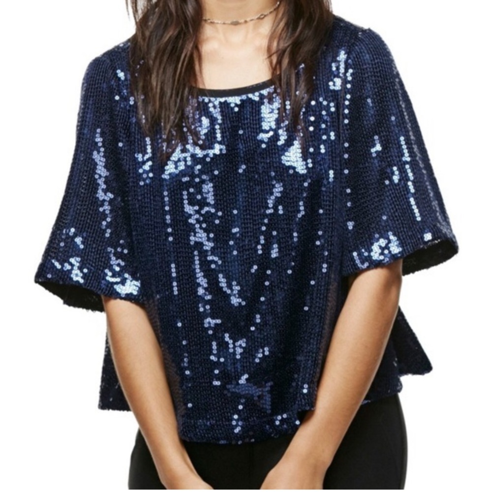 Free People Night Fever navy blue sequins flutter sleeve crop top